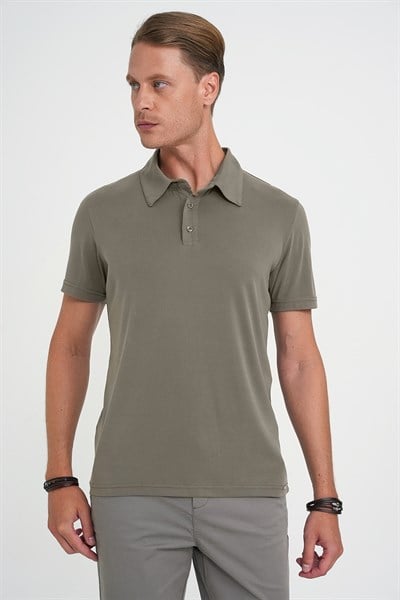 Comfort Fit Modal Karışım Kıvrılmaz Polo Yaka Haki Tişört TS 903