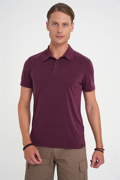 Comfort Fit Modal Karışım Kıvrılmaz Polo Yaka Mürdüm Tişört TS 903