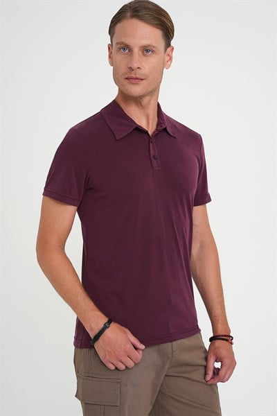 Comfort Fit Modal Karışım Kıvrılmaz Polo Yaka Mürdüm Tişört TS 903
