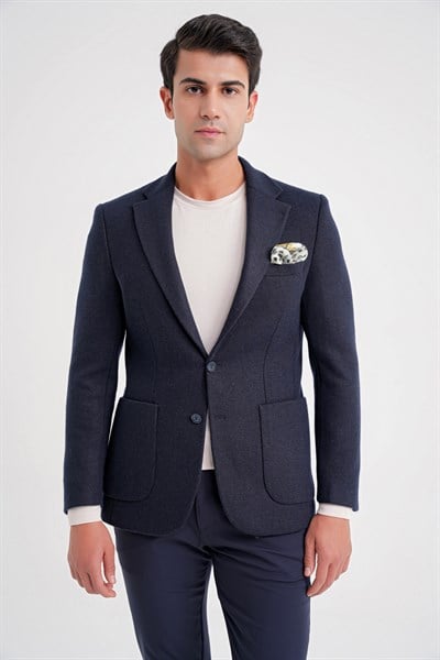 Comfort Fit Mono Yaka %100 Yün Lacivert Ceket C 717