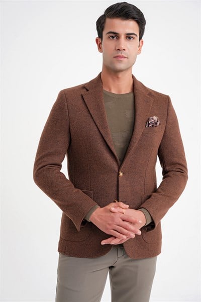 Comfort Fit Mono Yaka %100 Yün Tütün Ceket C 717