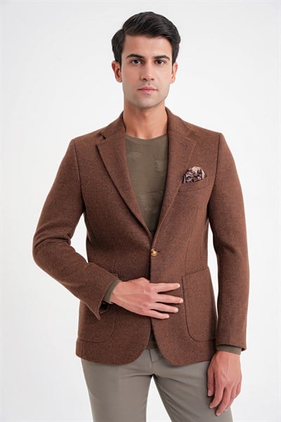 Comfort Fit Mono Yaka %100 Yün Tütün Ceket C 717