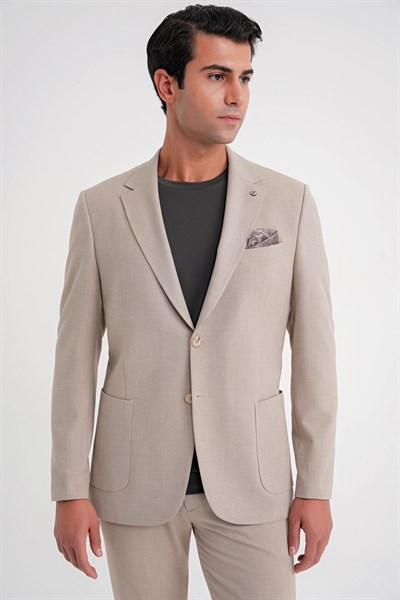 Comfort Fit Mono Yaka Çift Yırtmaç Torba Cep Bej-1 Blazer Ceket C 698