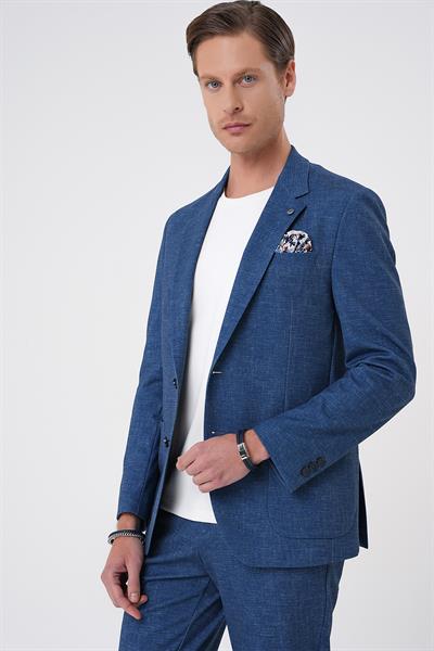 Comfort Fit Mono Yaka Çift Yırtmaç Torba Cep Casual Gece Mavisi Ceket C 701