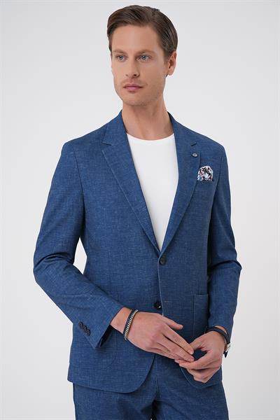 Comfort Fit Mono Yaka Çift Yırtmaç Torba Cep Casual Gece Mavisi Ceket C 701