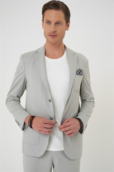 Comfort Fit Mono Yaka Çift Yırtmaç Torba Cep Doku Desenli Gri Blazer Ceket C 706