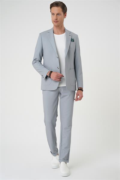 Comfort Fit Mono Yaka Çift Yırtmaç Torba Cep Kendinden Desenli Casual Gri Ceket C 705