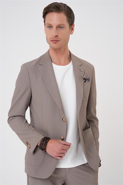 Comfort Fit Mono Yaka Çift Yırtmaç Torba Cep Gofre Kumaş Casual Vizon Ceket C 703