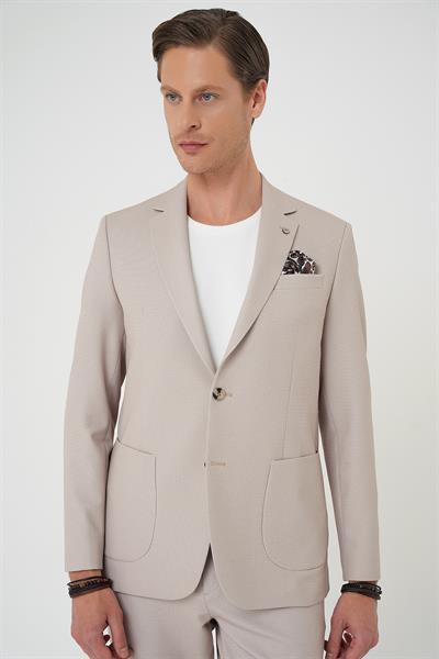 Comfort Fit Mono Yaka Çift Yırtmaç Torba Cep Kendinden Desenli Casual Bej Ceket C 705