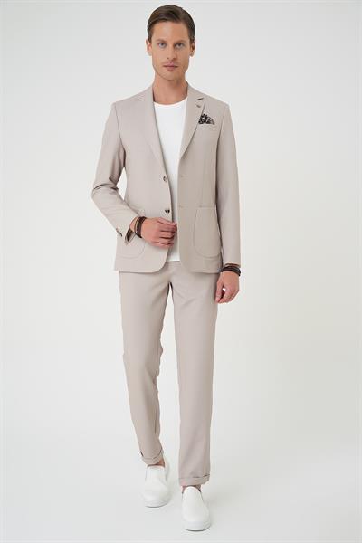 Comfort Fit Mono Yaka Çift Yırtmaç Torba Cep Kendinden Desenli Casual Bej Ceket C 705