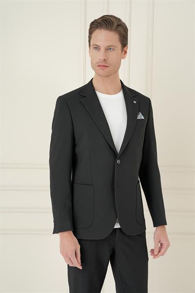 Comfort Fit Mono Yaka Çift Yırtmaç Torba Cep Casual Siyah Ceket C 698