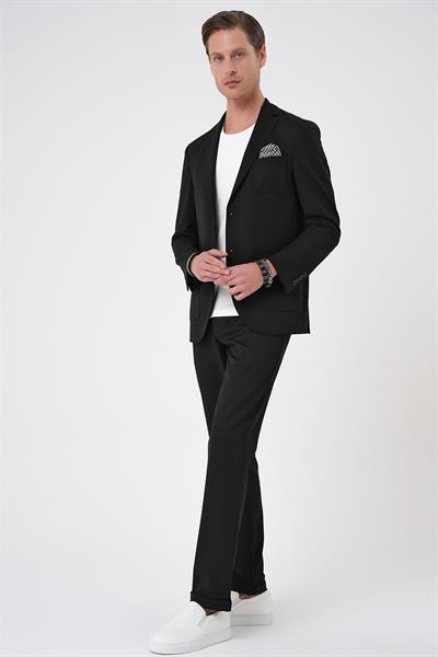 Comfort Fit Mono Yaka Çift Yırtmaç Torba Cep Kendinden Desenli Casual Siyah Ceket C 706