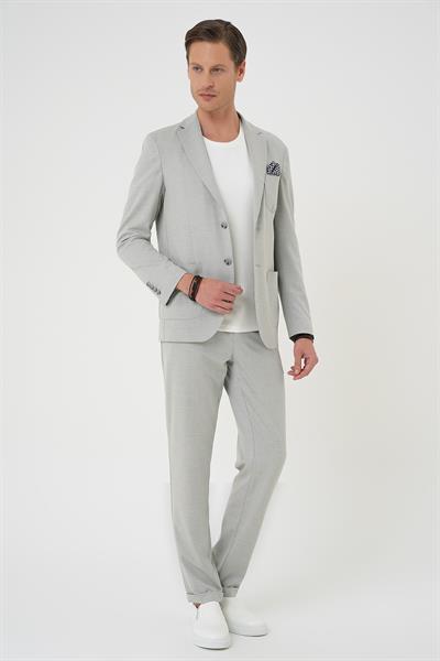 Comfort Fit Mono Yaka Çift Yırtmaç Torba Cep Kendinden Desenli Casual Gri Ceket C 706