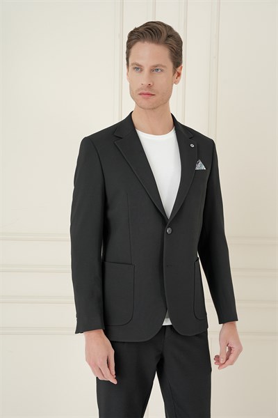 Comfort Fit Mono Yaka Çift Yırtmaç Torba Cep Siyah Blazer Ceket C 698