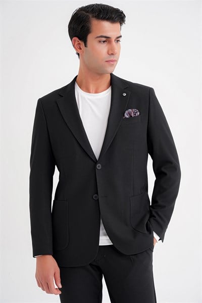 Comfort Fit Mono Yaka Çift Yırtmaç Torba Cep Siyah-1 Blazer Ceket C 698
