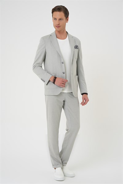 Comfort Fit Mono Yaka Çift Yırtmaç Torba Cep Doku Desenli Gri Blazer Ceket C 706
