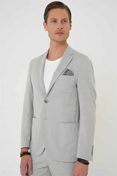 Comfort Fit Mono Yaka Çift Yırtmaç Torba Cep Doku Desenli Gri Blazer Ceket C 706