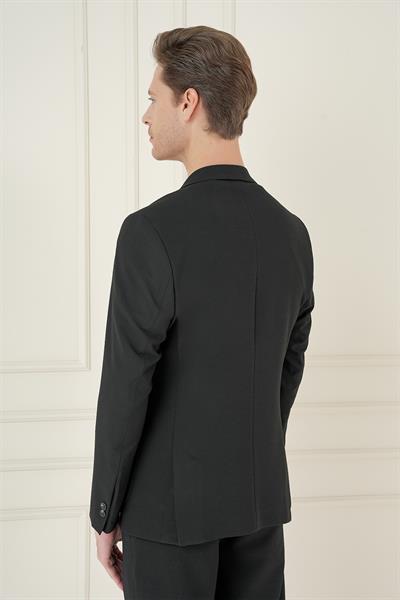 Comfort Fit Mono Yaka Çift Yırtmaç Torba Cep Casual Siyah Ceket C 698
