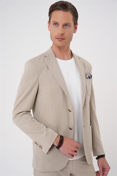 Comfort Fit Mono Yaka Çift Yırtmaç Torba Cep Kendinden Desenli Casual Bej Ceket C 706