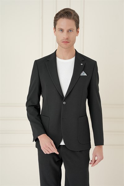 Comfort Fit Mono Yaka Çift Yırtmaç Torba Cep Siyah Blazer Ceket C 698