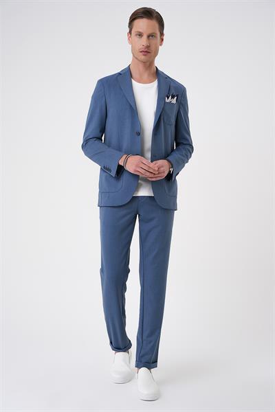 Comfort Fit Mono Yaka Çift Yırtmaç Torba Cep Kendinden Desenli Casual İndigo Ceket C 706