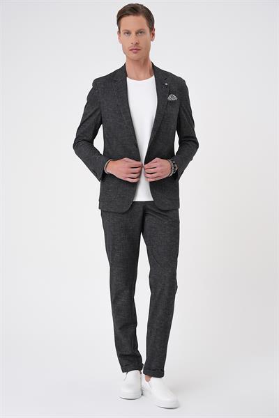 Comfort Fit Mono Yaka Çift Yırtmaç Torba Cep Casual Siyah Ceket C 701