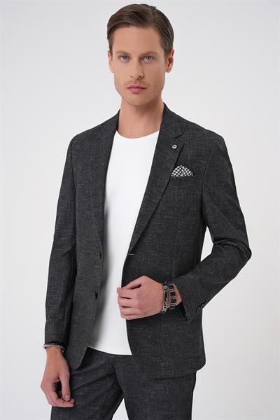 Comfort Fit Mono Yaka Çift Yırtmaç Torba Cep Casual Siyah Ceket C 701