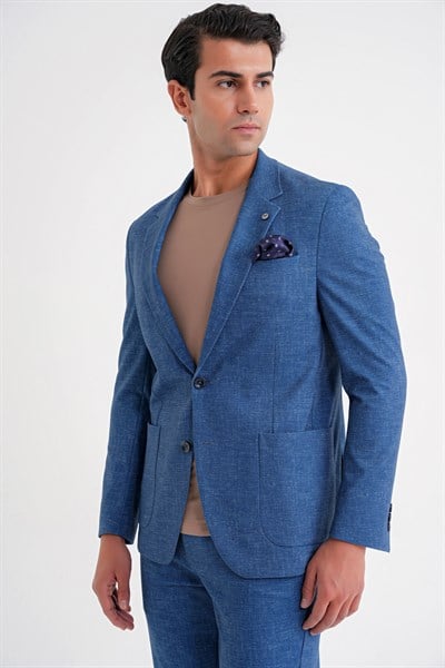 Comfort Fit Mono Yaka Çift Yırtmaç Torba Cep Esnek Pamuklu Gece Mavisi-1 Ceket C 701