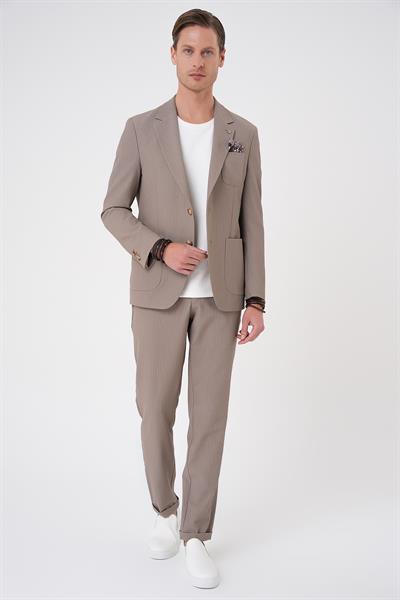 Comfort Fit Mono Yaka Çift Yırtmaç Torba Cep Gofre Kumaş Casual Vizon Ceket C 703