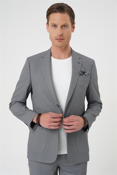 Comfort Fit Mono Yaka Çift Yırtmaç Torba Cep Kendinden Desenli Casual Siyah Ceket C 705