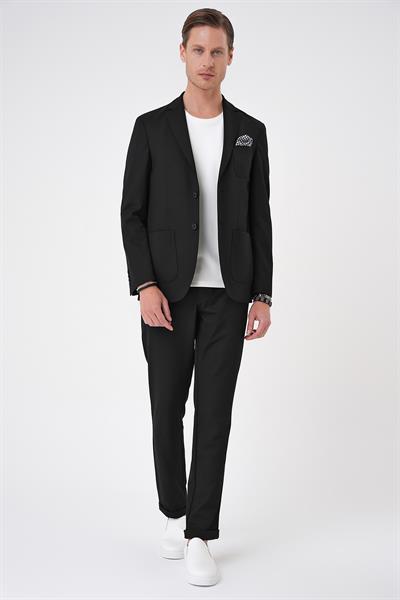 Comfort Fit Mono Yaka Çift Yırtmaç Torba Cep Kendinden Desenli Casual Siyah Ceket C 706