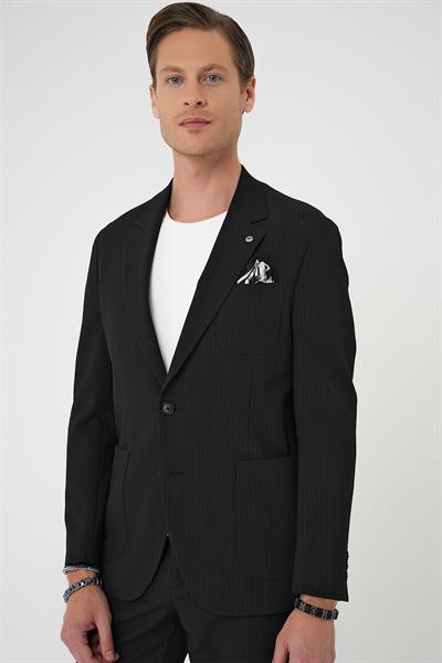 Comfort Fit Mono Yaka Çift Yırtmaç Torba Cep Gofre Kumaş Casual Siyah Ceket C 703