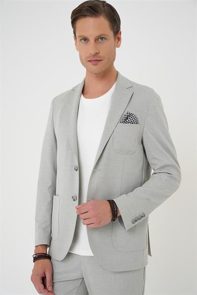 Comfort Fit Mono Yaka Çift Yırtmaç Torba Cep Kendinden Desenli Casual Gri Ceket C 706