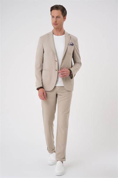 Comfort Fit Mono Yaka Çift Yırtmaç Torba Cep Doku Desenli Bej Blazer Ceket C 706