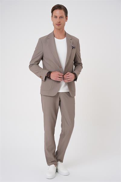 Comfort Fit Mono Yaka Çift Yırtmaç Torba Cep Gofre Kumaş Casual Vizon Ceket C 703