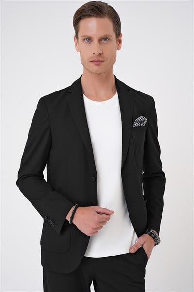 Comfort Fit Mono Yaka Çift Yırtmaç Torba Cep Doku Desenli Siyah Blazer Ceket C 706