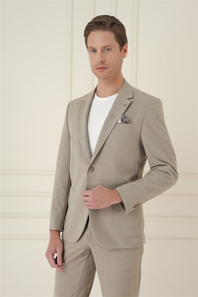 Comfort Fit Mono Yaka Çift Yırtmaç Torba Cep Bej Blazer Ceket C 698