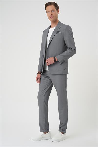 Comfort Fit Mono Yaka Çift Yırtmaç Torba Cep Kendinden Desenli Casual Siyah Ceket C 705