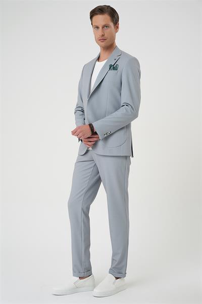 Comfort Fit Mono Yaka Çift Yırtmaç Torba Cep Kendinden Desenli Casual Gri Ceket C 705