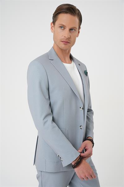 Comfort Fit Mono Yaka Çift Yırtmaç Torba Cep Kendinden Desenli Casual Gri Ceket C 705