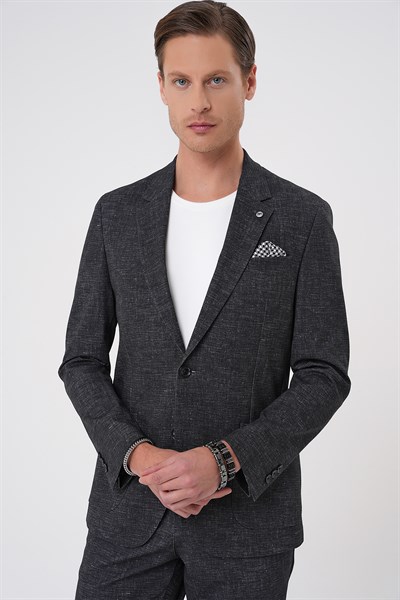 Comfort Fit Mono Yaka Çift Yırtmaç Torba Cep Esnek Pamuklu Siyah Ceket C 701