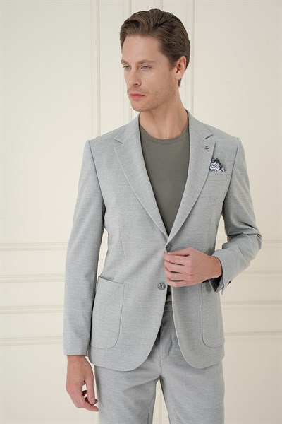Comfort Fit Mono Yaka Çift Yırtmaç Torba Cep Gri Blazer Ceket C 698