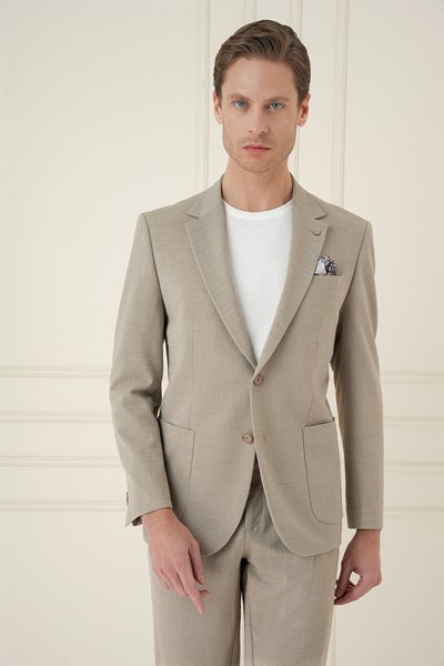 Comfort Fit Mono Yaka Çift Yırtmaç Torba Cep Bej Blazer Ceket C 698