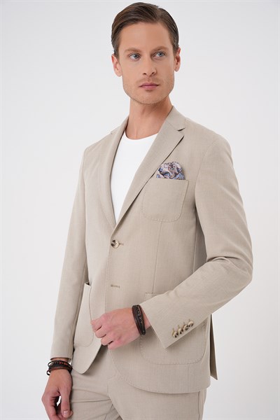 Comfort Fit Mono Yaka Çift Yırtmaç Torba Cep Doku Desenli Bej Blazer Ceket C 706