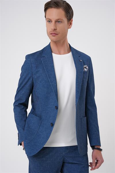 Comfort Fit Mono Yaka Çift Yırtmaç Torba Cep Casual Gece Mavisi Ceket C 701