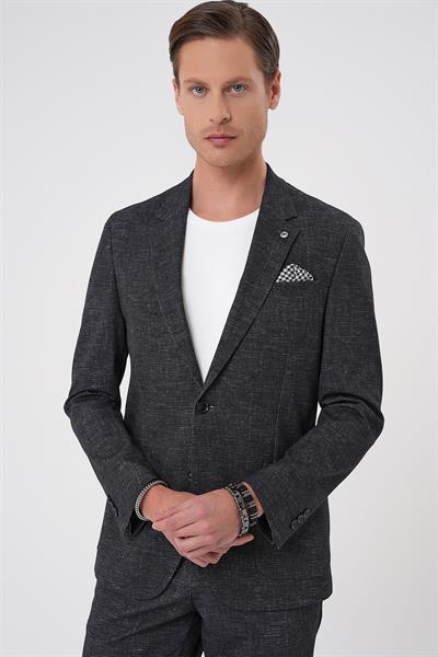 Comfort Fit Mono Yaka Çift Yırtmaç Torba Cep Casual Siyah Ceket C 701