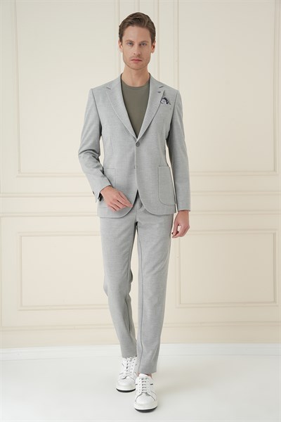 Comfort Fit Mono Yaka Çift Yırtmaç Torba Cep Gri Blazer Ceket C 698