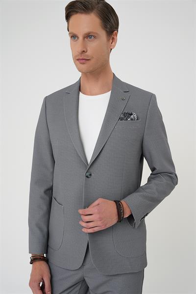 Comfort Fit Mono Yaka Çift Yırtmaç Torba Cep Kendinden Desenli Casual Siyah Ceket C 705