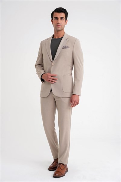 Comfort Fit Mono Yaka Çift Yırtmaç Torba Cep Bej-1 Blazer Ceket C 698