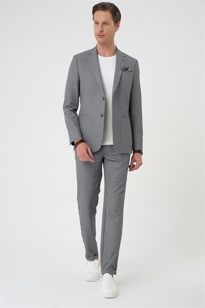 Comfort Fit Mono Yaka Çift Yırtmaç Torba Cep Kendinden Desenli Casual Siyah Ceket C 705